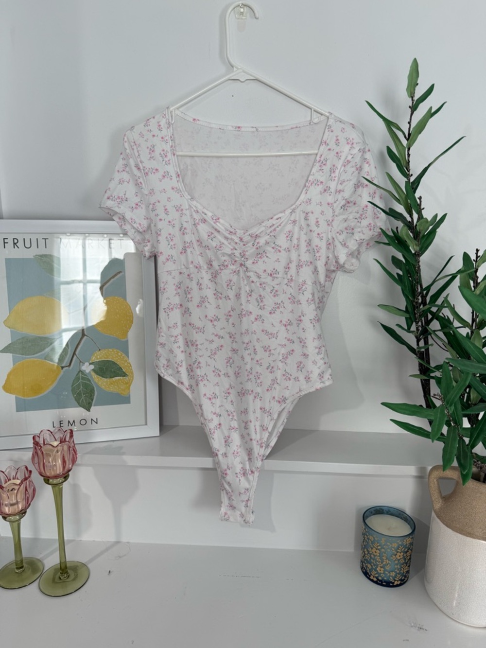 SHEIN White Bodysuit with Pink Floral Print